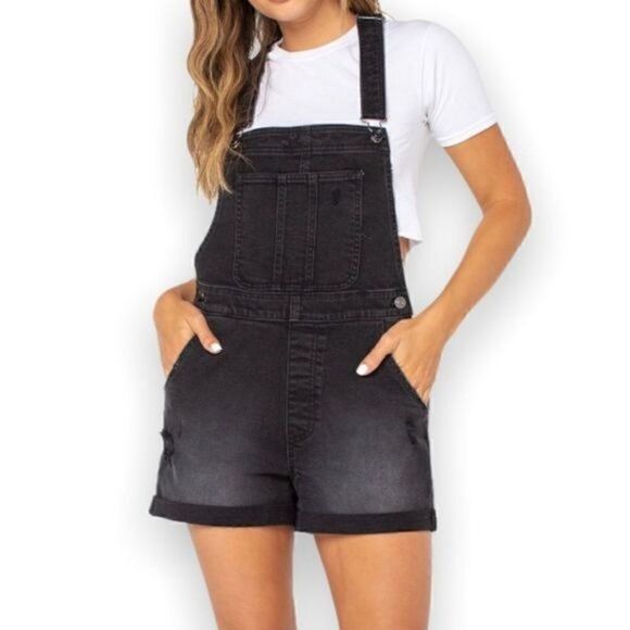 Black Distressed Juniors Short Overalls - Picture 1 of 8